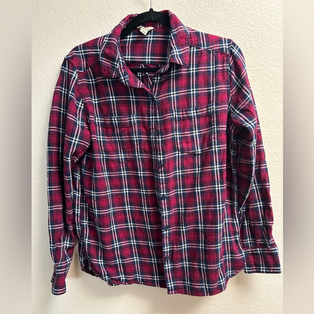 Woolrich Women’s Plaid Flannel Button-Up Shirt Red Navy White Sz Large Cotton